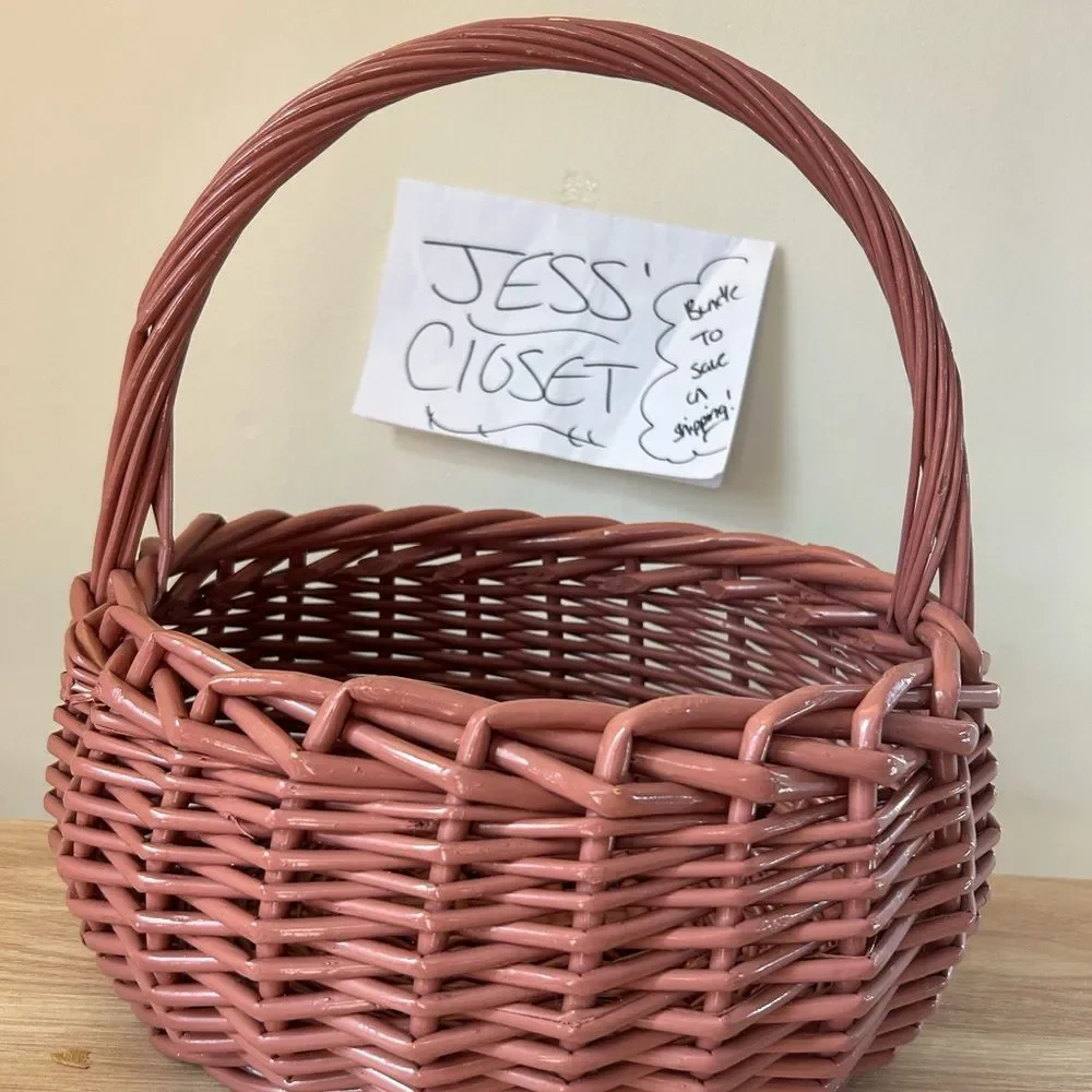 Woven Pink Basket with Handle Vintage